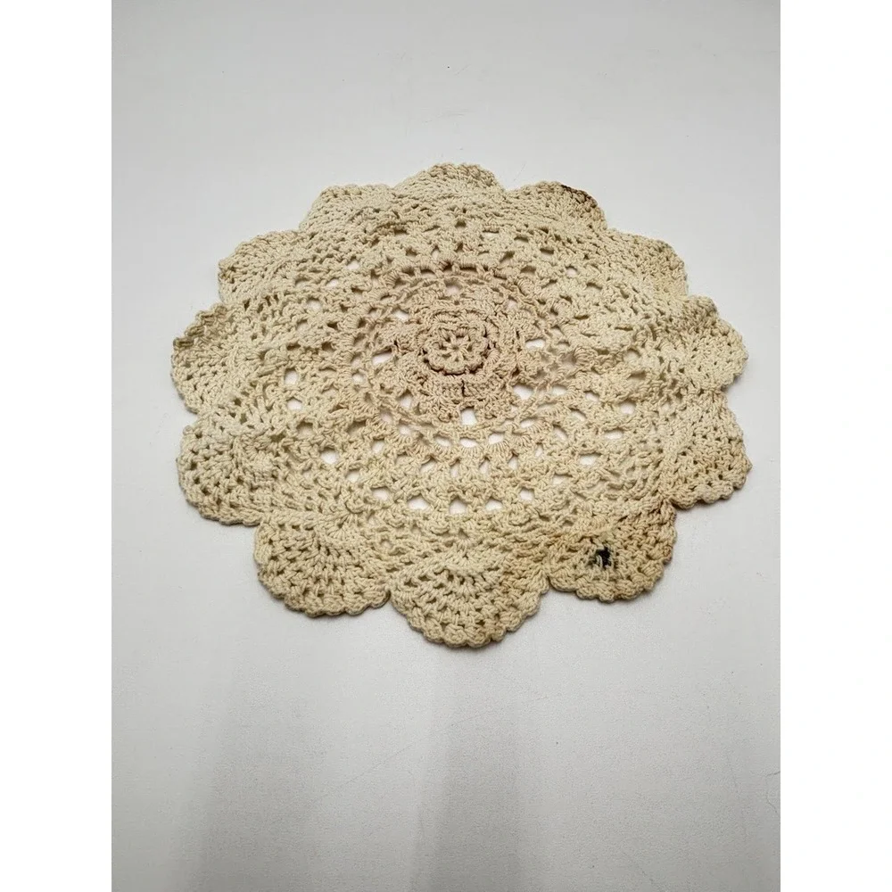 Vintage Hand Crocheted Round Doily Cream Cotton Lace Floral Table Topper 9 Inch